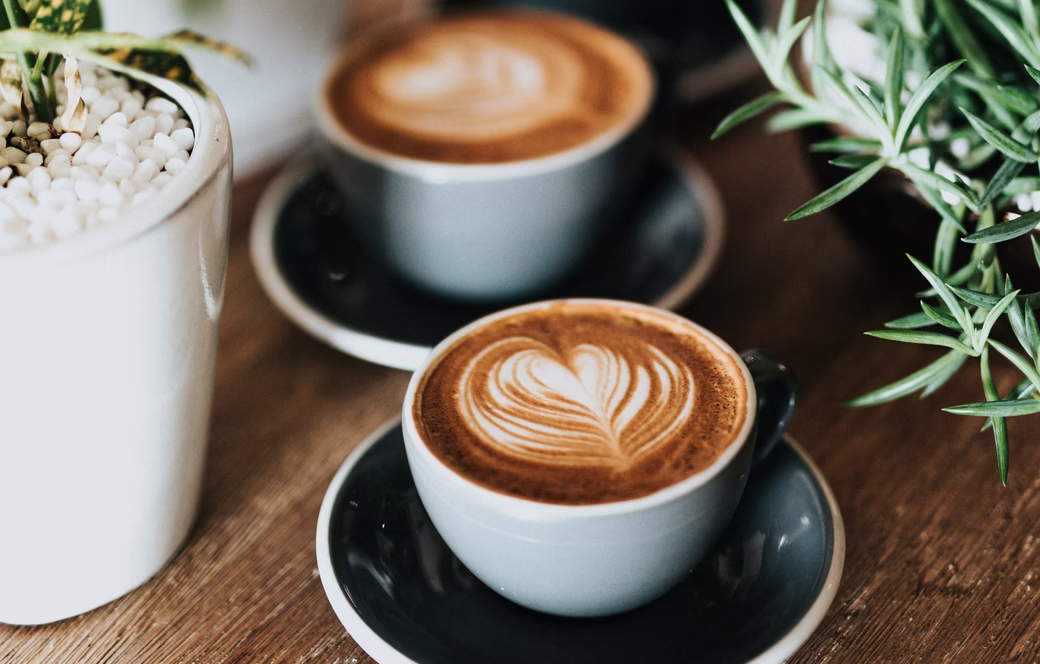 Café Karol Vienna © unsplash.com / Nathan Dumlao Drei große Cappuccino stehen auf einem Holztisch mit Dekopflanzen